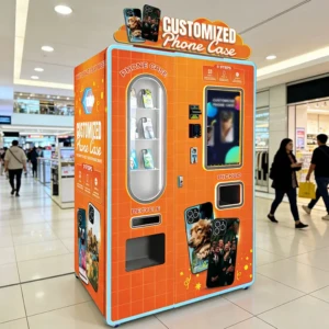 Phone case vending machine in a busy shopping mall attracting customers