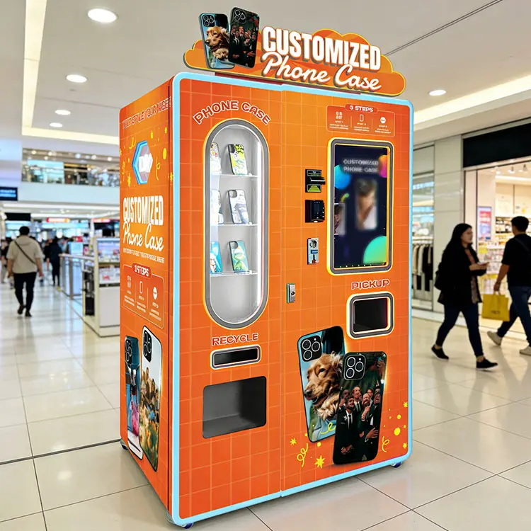 Phone case vending machine in a busy shopping mall attracting customers