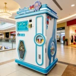 Modern ice cream vending machine dispensing cone in a shopping mall