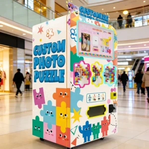 A custom jigsaw puzzle vending machine operating in a busy shopping mall