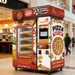 Modern pizza vending machine operating in a busy university campus setting
