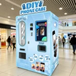 A modern, fully automatic phone case vending machine in a high-traffic shopping mall location