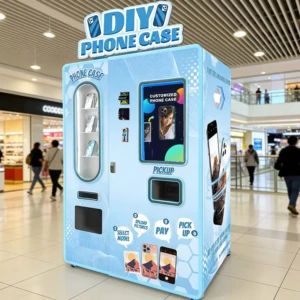 A modern, fully automatic phone case vending machine in a high-traffic shopping mall location