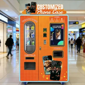 Close-up of a user interacting with a touchscreen vending machine to design a custom phone case