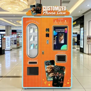 A modern, brightly lit phone case customization vending machine in a high-traffic shopping mall corridor