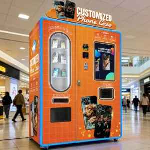 A modern touchscreen phone case vending machine in a Singapore shopping mall with a customer using the interface