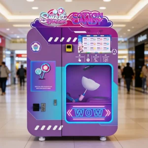 A modern cotton candy vending machine operating in a busy European pedestrian zone