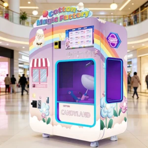 A sleek robotic cotton candy vending machine in a busy mall, creating a fresh pink cloud of cotton candy for a customer