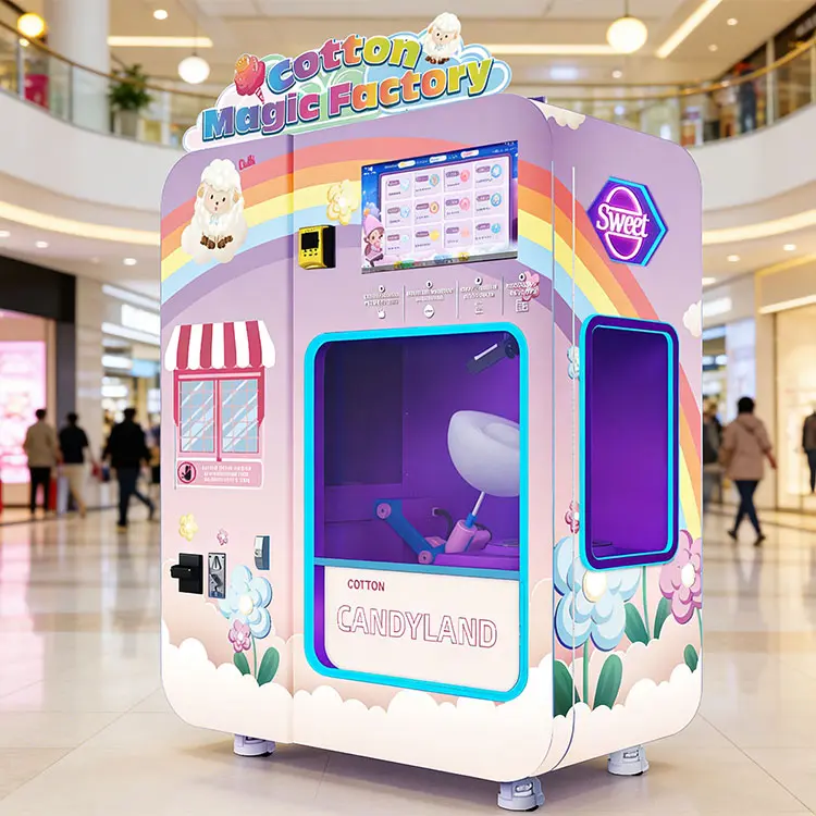 A sleek robotic cotton candy vending machine in a busy mall, creating a fresh pink cloud of cotton candy for a customer