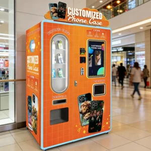 A modern DIY phone case vending machine operating in a busy Philippine shopping mall