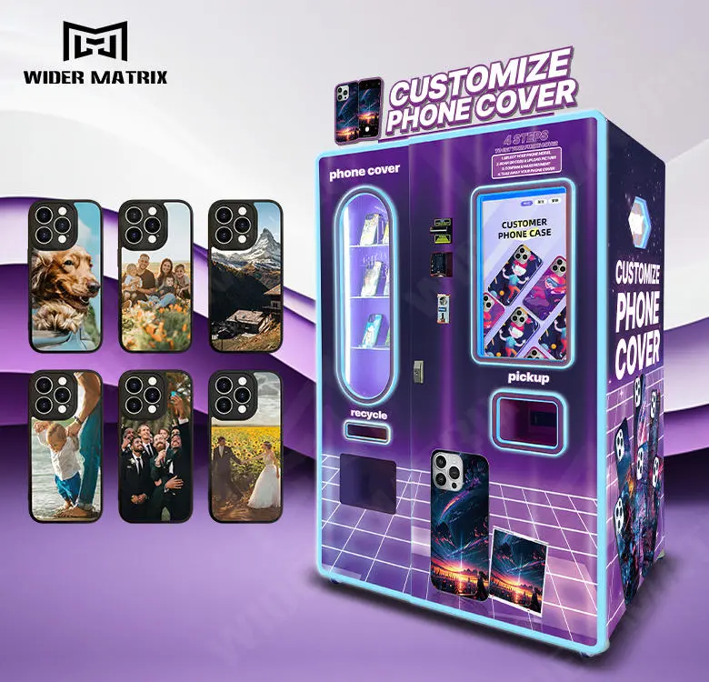 Display of various custom design options on a phone case vending machine screen