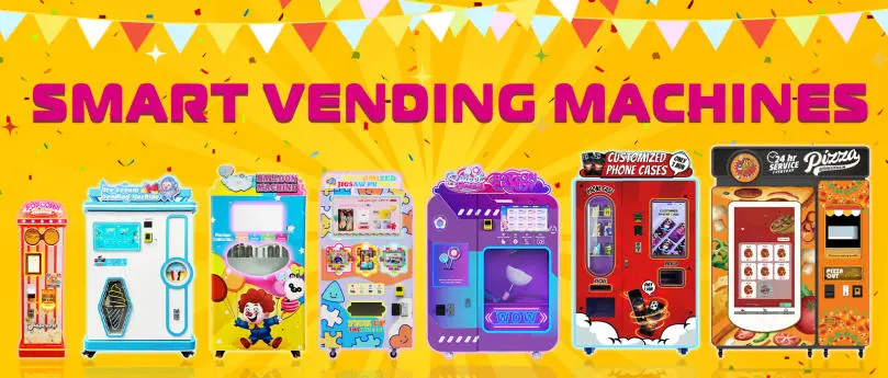 A lineup of different vending machines including pizza, cotton candy, and phone cases