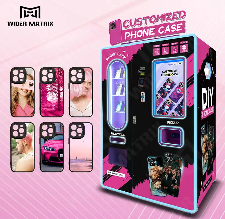 Internal view of a vending machine showing organized phone case blanks and the printing mechanism