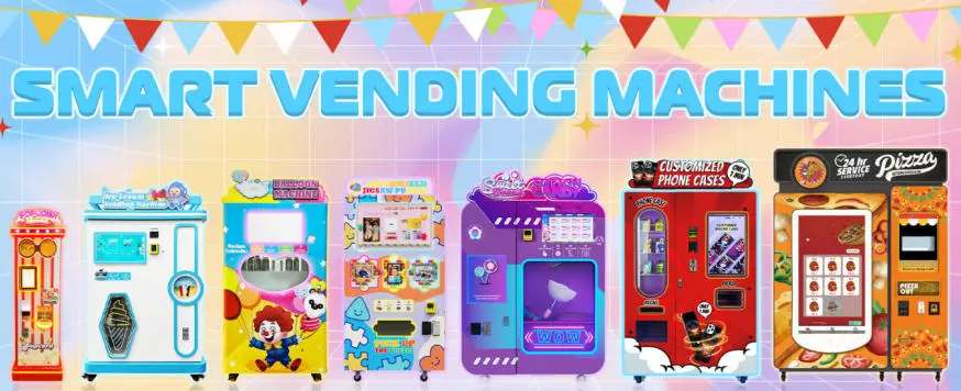 Un collage que muestra diferentes tipos de máquinas expendedoras automáticas, incluyendo algodón de azúcar, fundas para teléfonos y aperitivos.