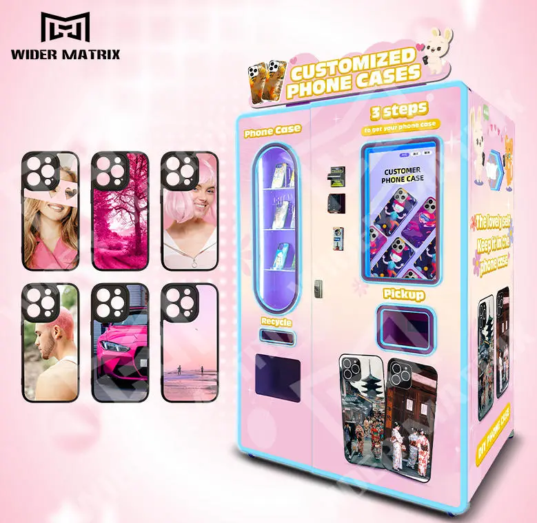 A person using a large touchscreen interface on a vending machine to design their custom phone case