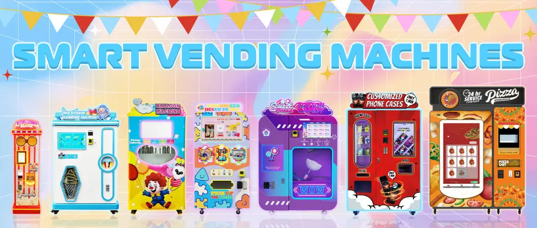 A collage showing different types of modern vending machines including phone case, cotton candy, and snack units