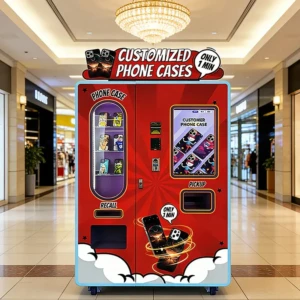 Internal view of a 2026 phone case printing vending machine showing robotic arm and UV printer mechanism