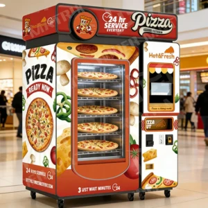 Internal view of a fully automatic pizza vending machine showing refrigeration, robotic arm, and oven modules