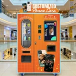 Multiple CE certified phone case vending machines lined up in a warehouse ready for bulk shipping