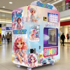 A modern cotton candy vending machine operating in a busy shopping mall corridor