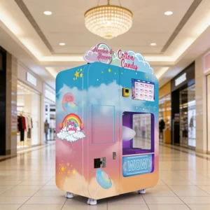A sleek, modern custom candyfloss vending machine operating in a busy shopping mall atrium