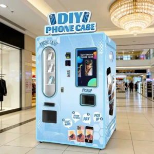 A sleek, modern phone case vending machine with a touchscreen interface in a busy shopping mall
