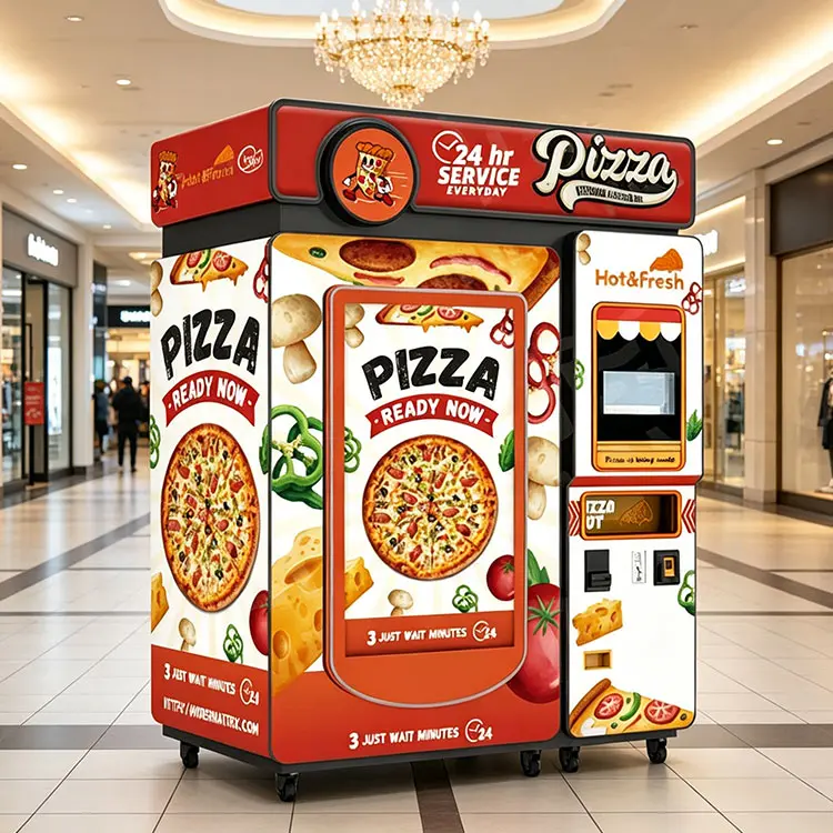 Modern pizza vending machine in a busy university campus lobby