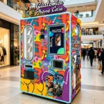 Una moderna máquina expendedora de fundas para teléfonos en un concurrido pasillo de un centro comercial en 2026