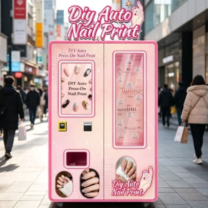 A modern nail polish vending machine in a busy shopping mall corridor