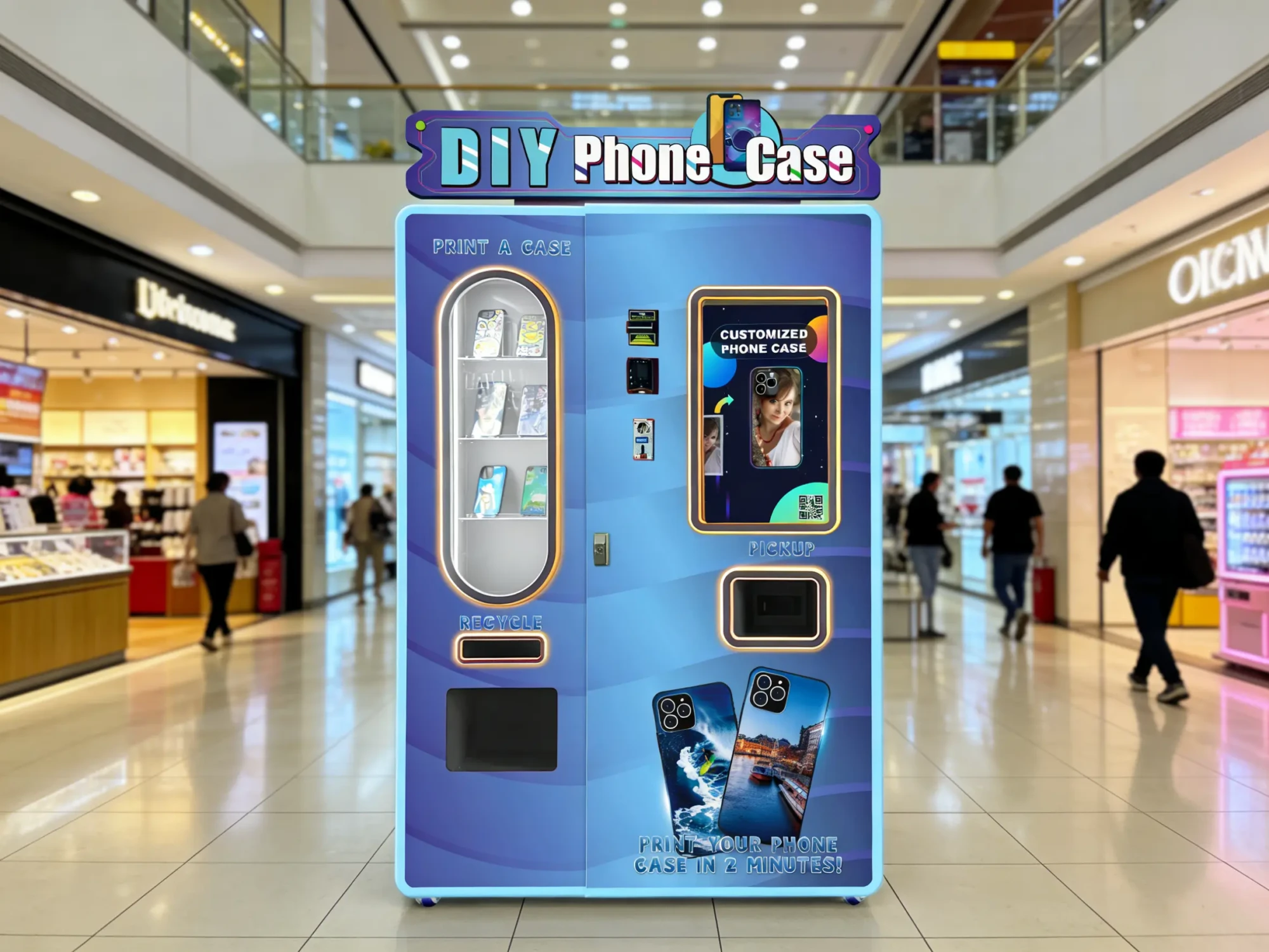 Custom phone case vending machine operating in a busy shopping mall