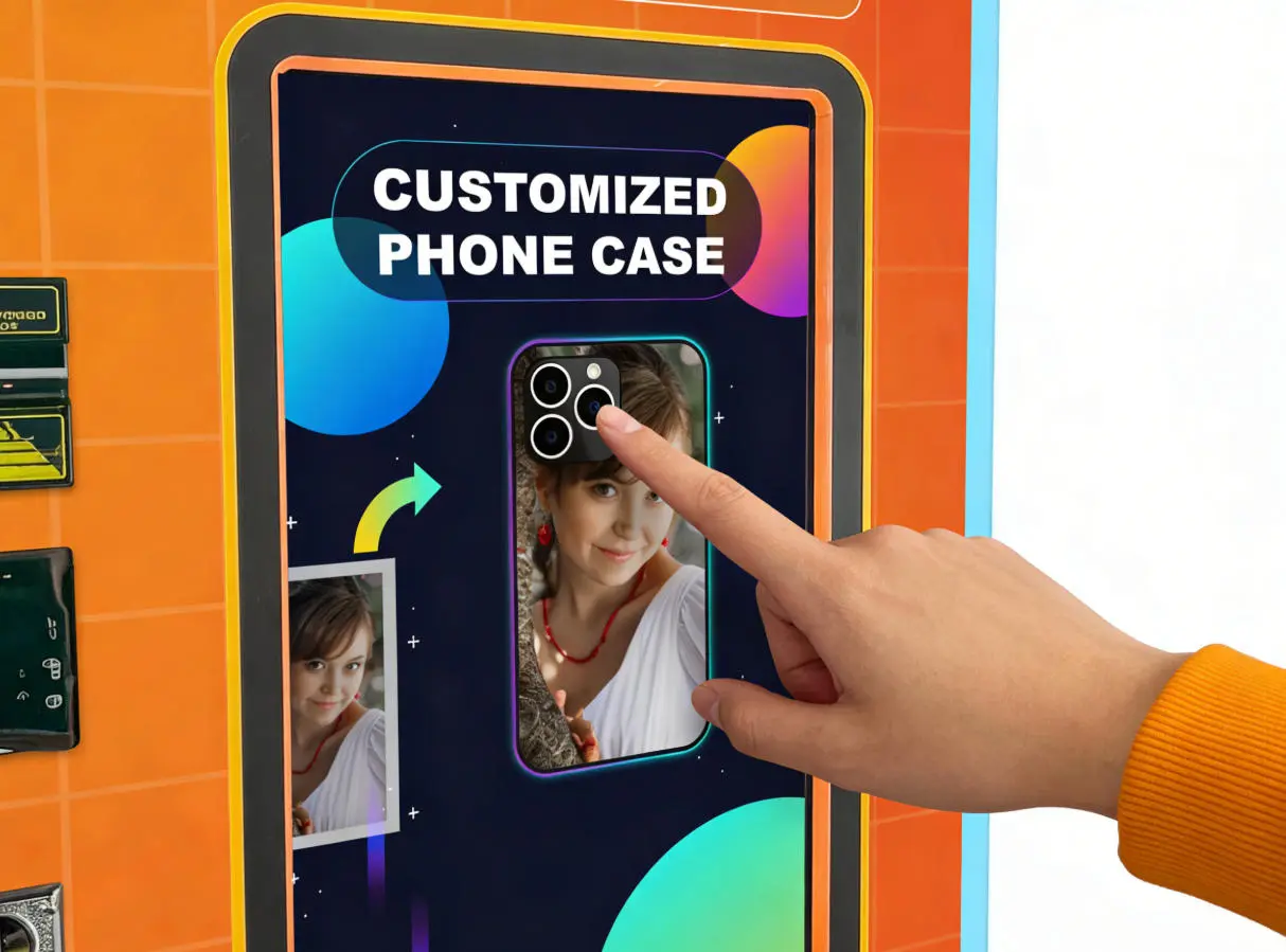 Primer plano de un usuario interactuando con una interfaz táctil intuitiva y llena de color en una máquina expendedora moderna