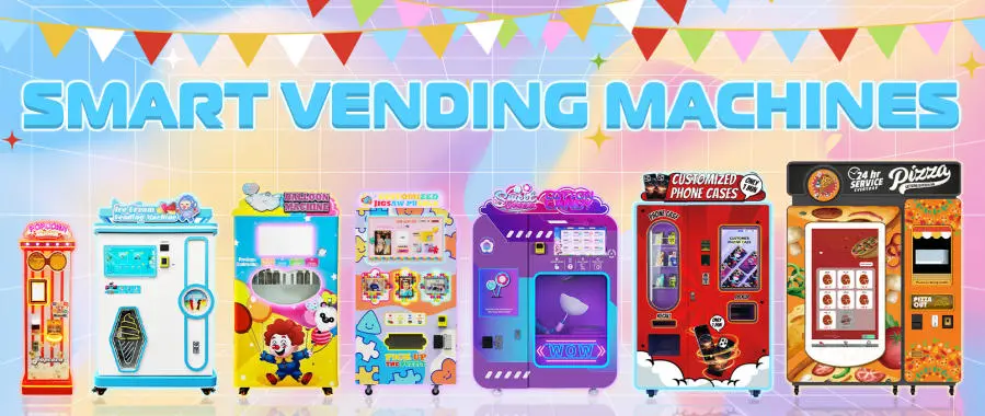 A row of various specialty vending machines including candyfloss, phone cases, and popcorn in an entertainment district