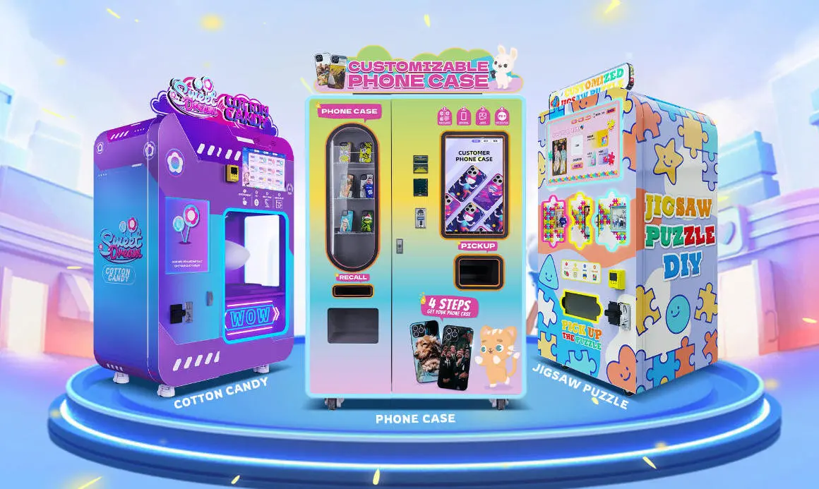A modern showroom featuring various custom vending kiosks including phone case and cotton candy machines