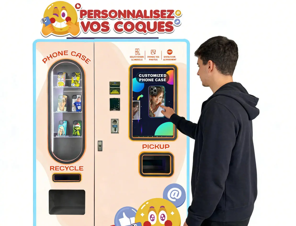 Customer using a touchscreen to design a custom phone case at a vending machine kiosk