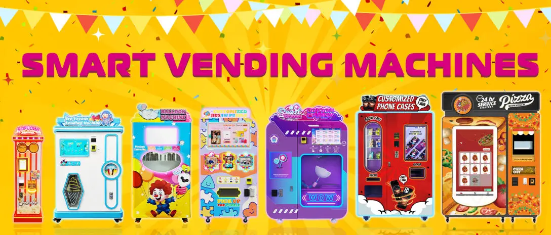 Collage showing different Wider Matrix vending machines: phone case printer, cotton candy machine, and puzzle machine