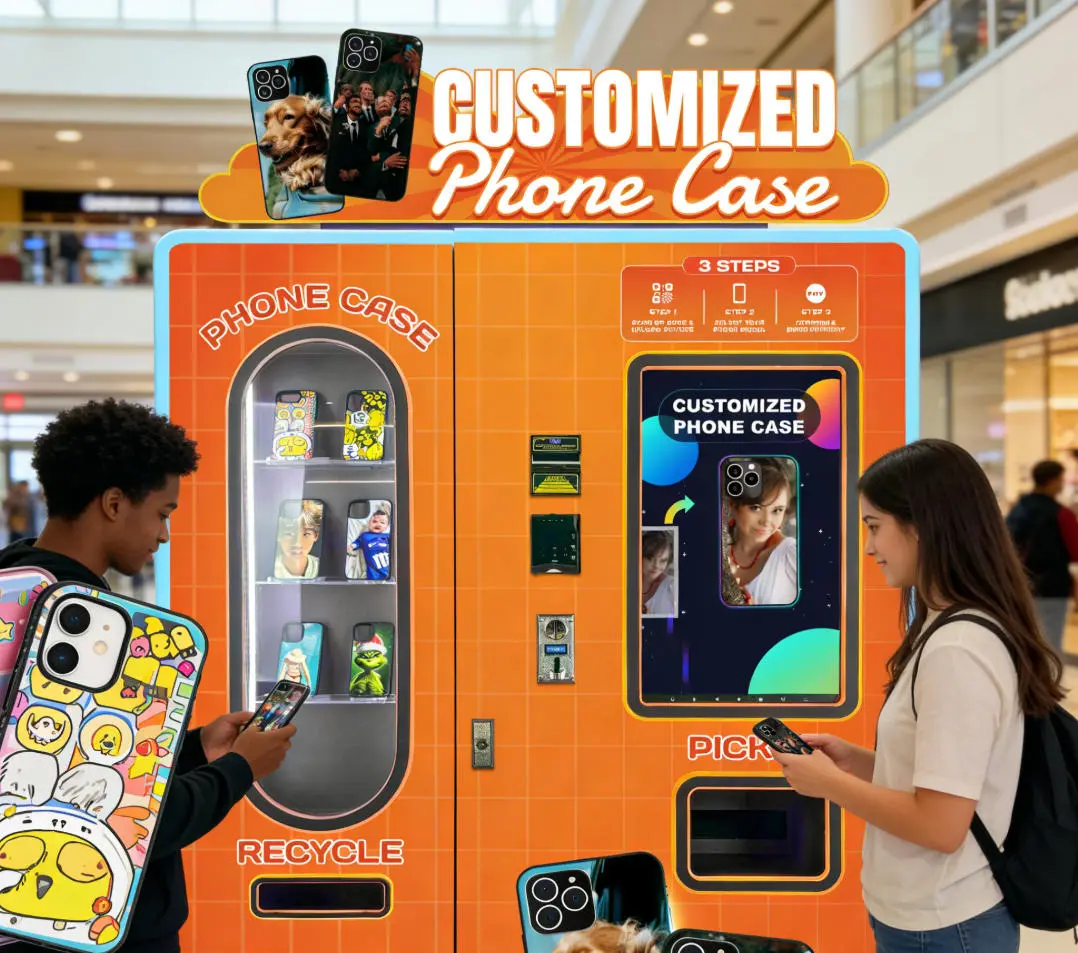 Students using phone case customization vending machine on campus