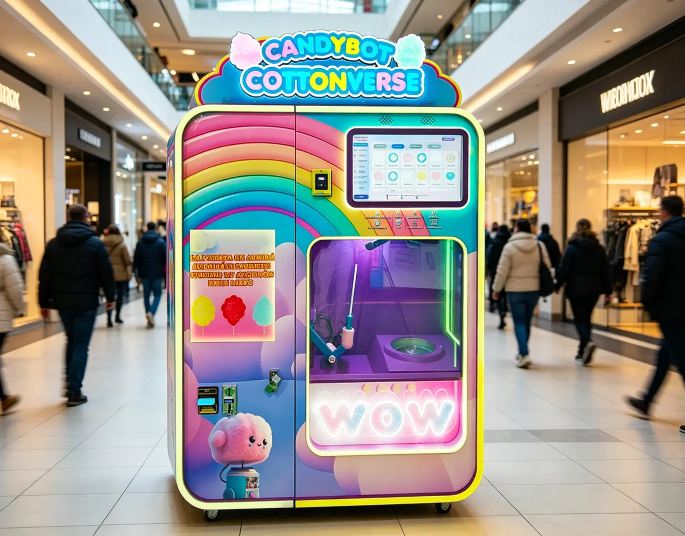 Wider Matrix WM980 Plus commercial cotton candy vending machine operating in a busy shopping mall corridor