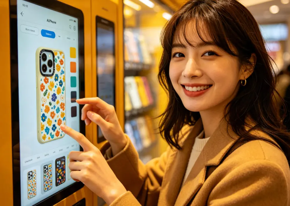 A person smiling while designing a custom phone case on an AI vending machine touchscreen