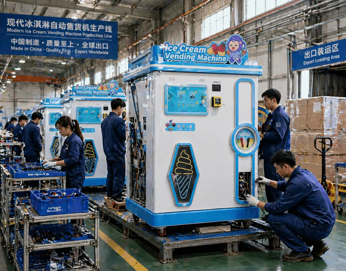 Modern ice cream vending machine being assembled in a Chinese manufacturing facility for export