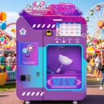 a cotton candy vending machine producing a pink candy