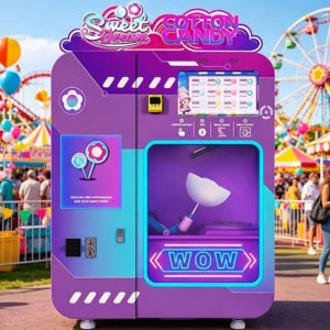 a cotton candy vending machine producing a pink candy