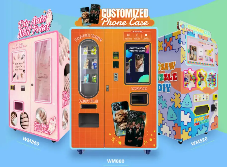 They placed a Fully automatic cotton candy vending machine WM980 and a WM520 puzzle machine side by side.