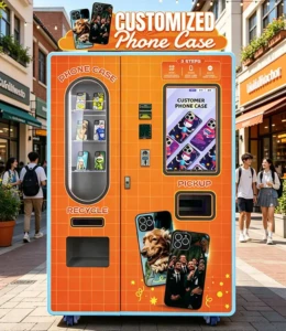 A modern self service phone case printing machine in a busy shopping mall