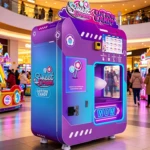 A commercial cotton candy vending machine with LED lights in a shopping mall