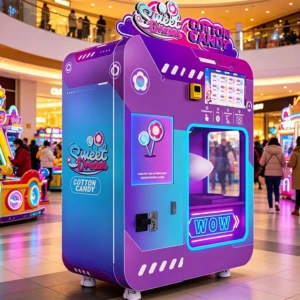 A commercial cotton candy vending machine with LED lights in a shopping mall