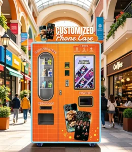 A modern phone case printing vending machine placed in a shopping mall corridor, attracting customers