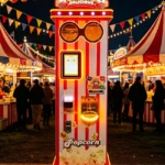 A modern commercial popcorn vending machine in a retail setting, ready for customer use