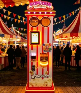 A modern commercial popcorn vending machine in a retail setting, ready for customer use