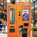 A modern phone case vending machine displaying various colorful cases in a shopping mall