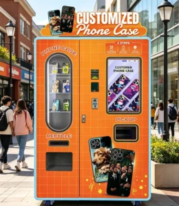 A modern phone case vending machine displaying various colorful cases in a shopping mall